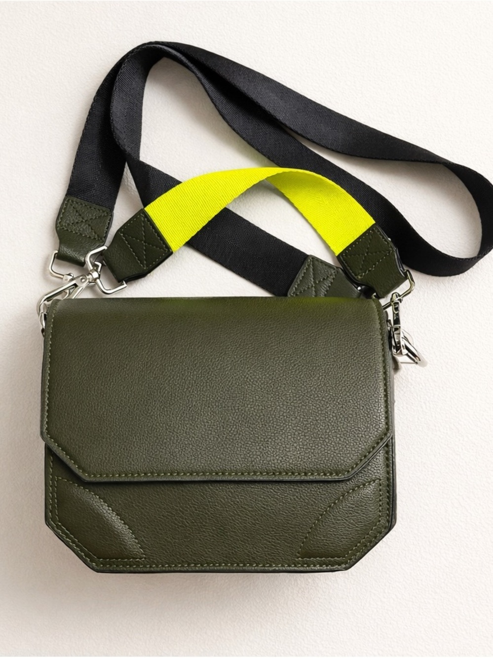 Zara Olive Green Crossbody Bag w/ Neon Strap | Minimal Chic Street Style